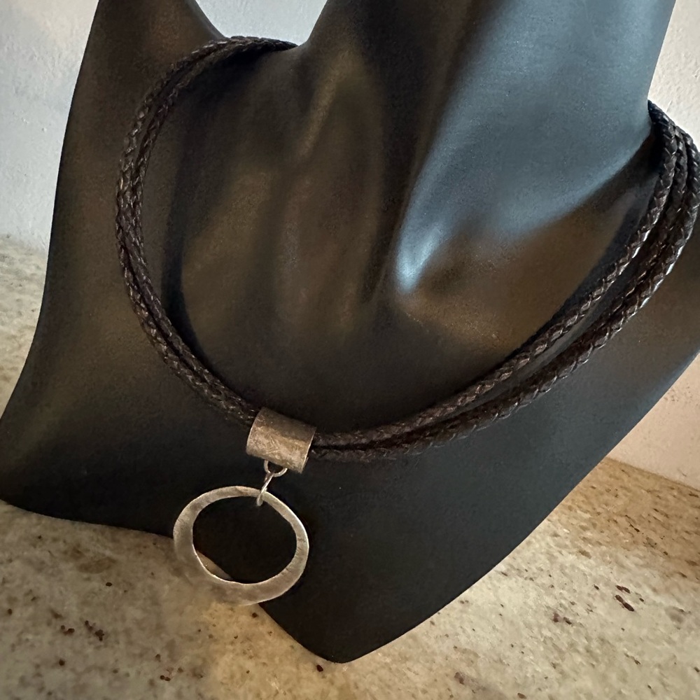 Silpada Hammered Sterling Pendant with Dark Brown Braided Leather Neckla…